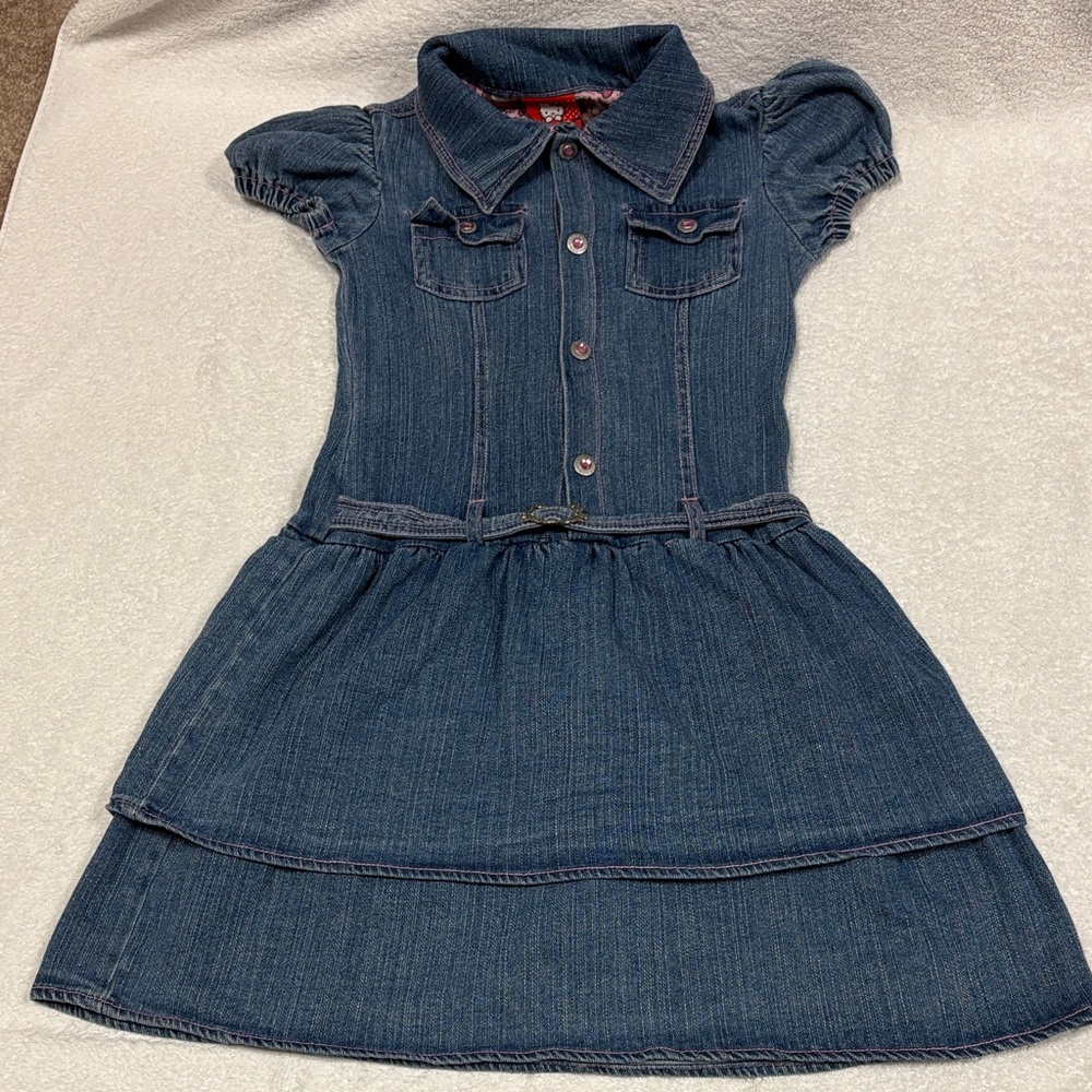 Hello Kitty Sanrio Blue Denim Jean belted tiered Dress girls 6x